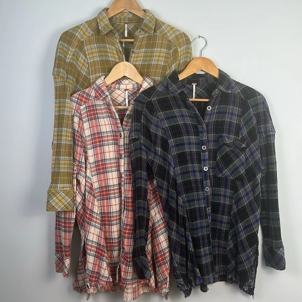 Free People Juniper Ridge Plaid Cotton Shirt Shacket Small Raw Hem Relaxed Fit
